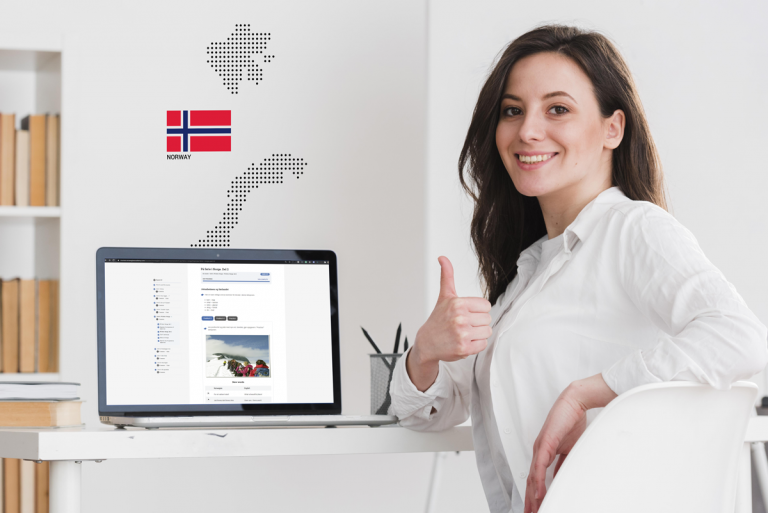 Happy woman taking online Norwegian A2 course